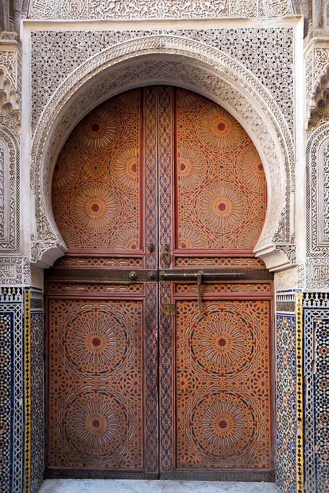 Fes-Morocco Stunning hand painted door of an old mosque with hand carved plaster work